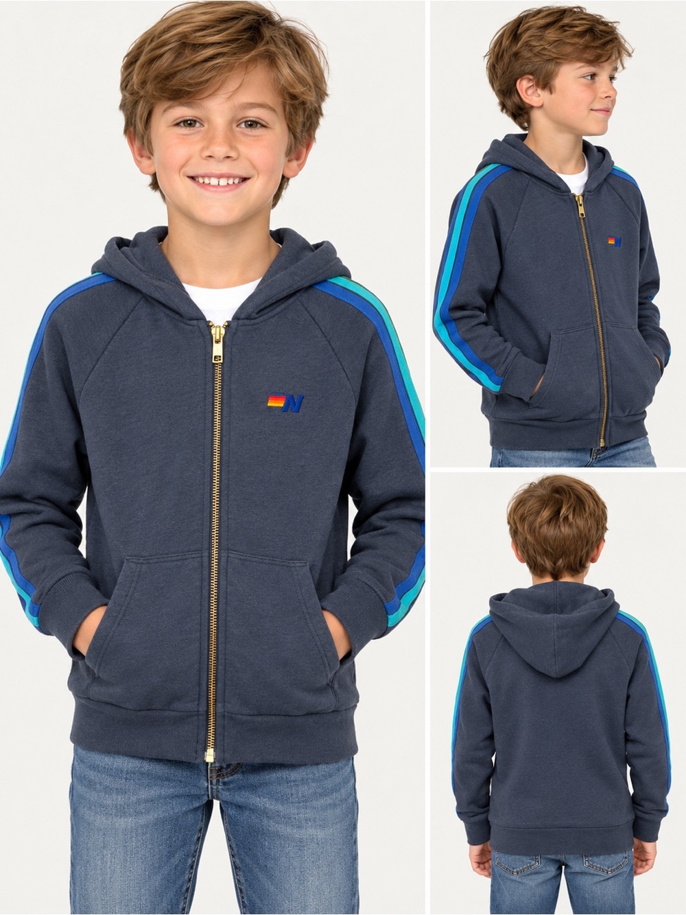 Aviator Nation Navy Zip Hoodie with Blue and Teal Stripes- youth 12